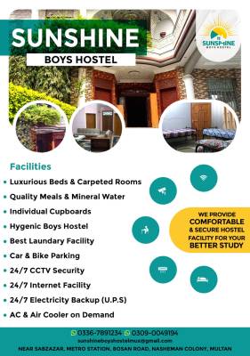 Sunshine Boys Hostel Multan Boys Hostel in Gulgasht Colony, Multan with Mess from PKR 17,000